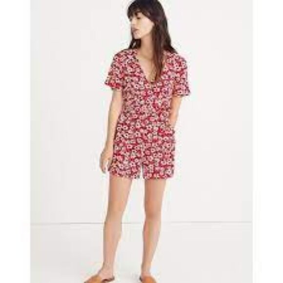 Madewell Wrap-Front Romper in Mini Daisy short sleeve women red white  size 12 - Picture 2 of 10